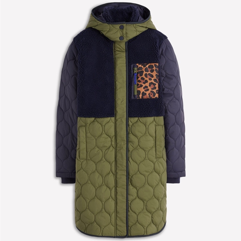 Boden Olive Green & Navy Quilted Puffer Coat with Leopard Pocket